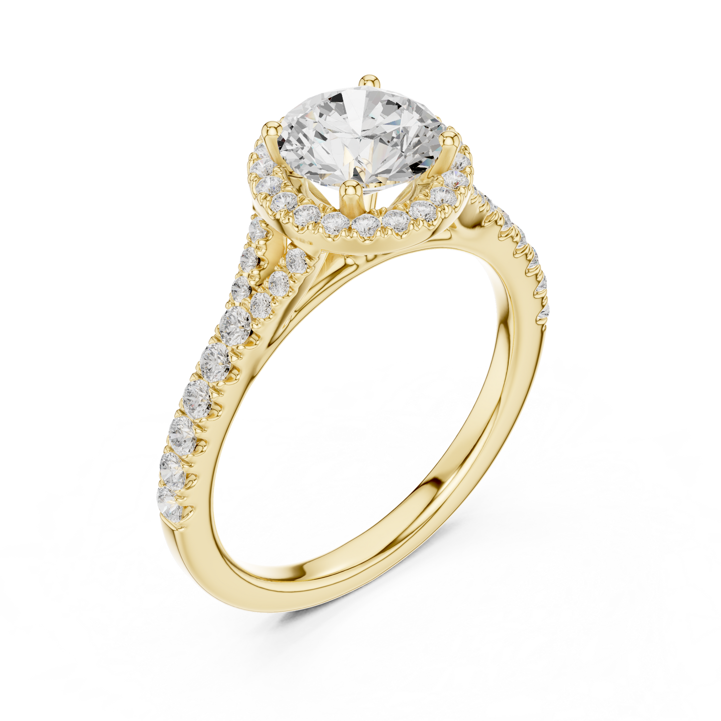 1.39ctw Round-Cut Diamond Halo Split Shank Pavé Bridal Ring | Yellow Gold