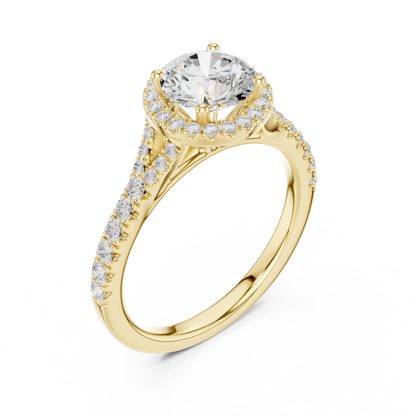1.39ctw Round-Cut Diamond Halo Split Shank Pavé Bridal Ring | Yellow Gold