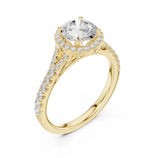 1.39ctw Round-Cut Diamond Halo Split Shank Pavé Bridal Ring | Yellow Gold