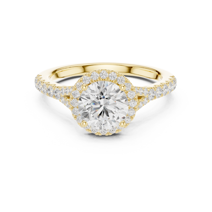 1.39ctw Round-Cut Diamond Halo Split Shank Pavé Bridal Ring | Yellow Gold