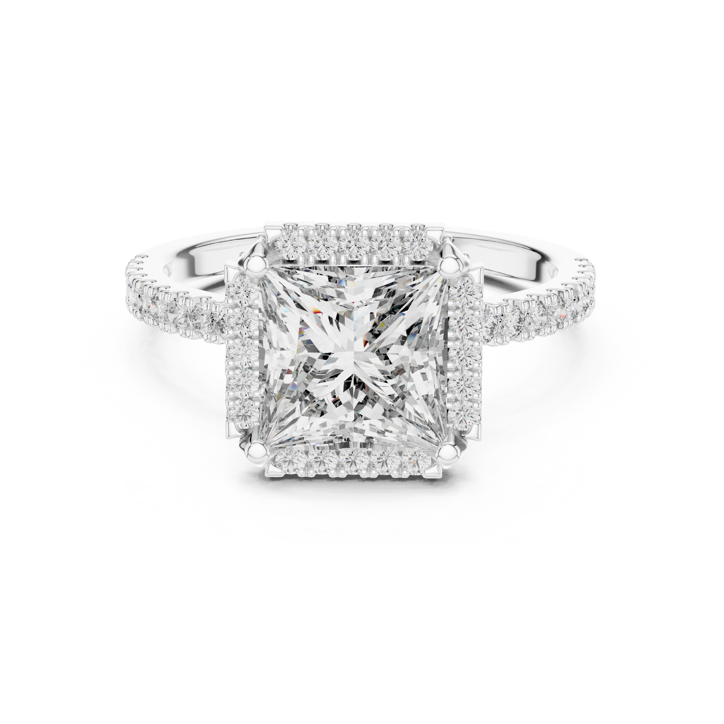 White Gold Princess Cut Diamond Halo Ring : 2.93CTW Luxury Pave
