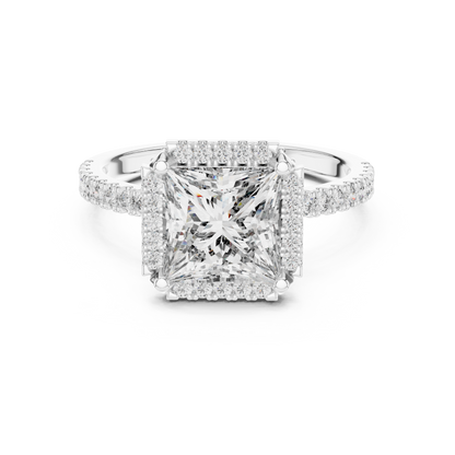 White Gold Princess Cut Diamond Halo Ring : 2.93CTW Luxury Pave