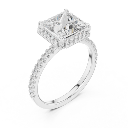 White Gold Princess Cut Diamond Halo Ring : 2.93CTW Luxury Pave