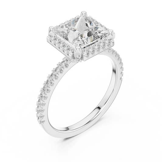 White Gold Princess Cut Diamond Halo Ring : 2.93CTW Luxury Pave