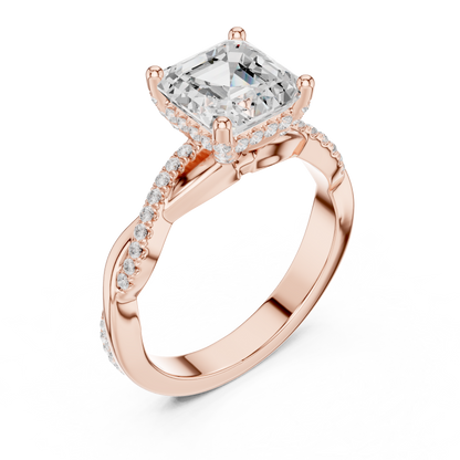 2.33ctw Asscher-Cut Pavé Diamond Twisted Infinity Ring | Yellow Gold Solitaire