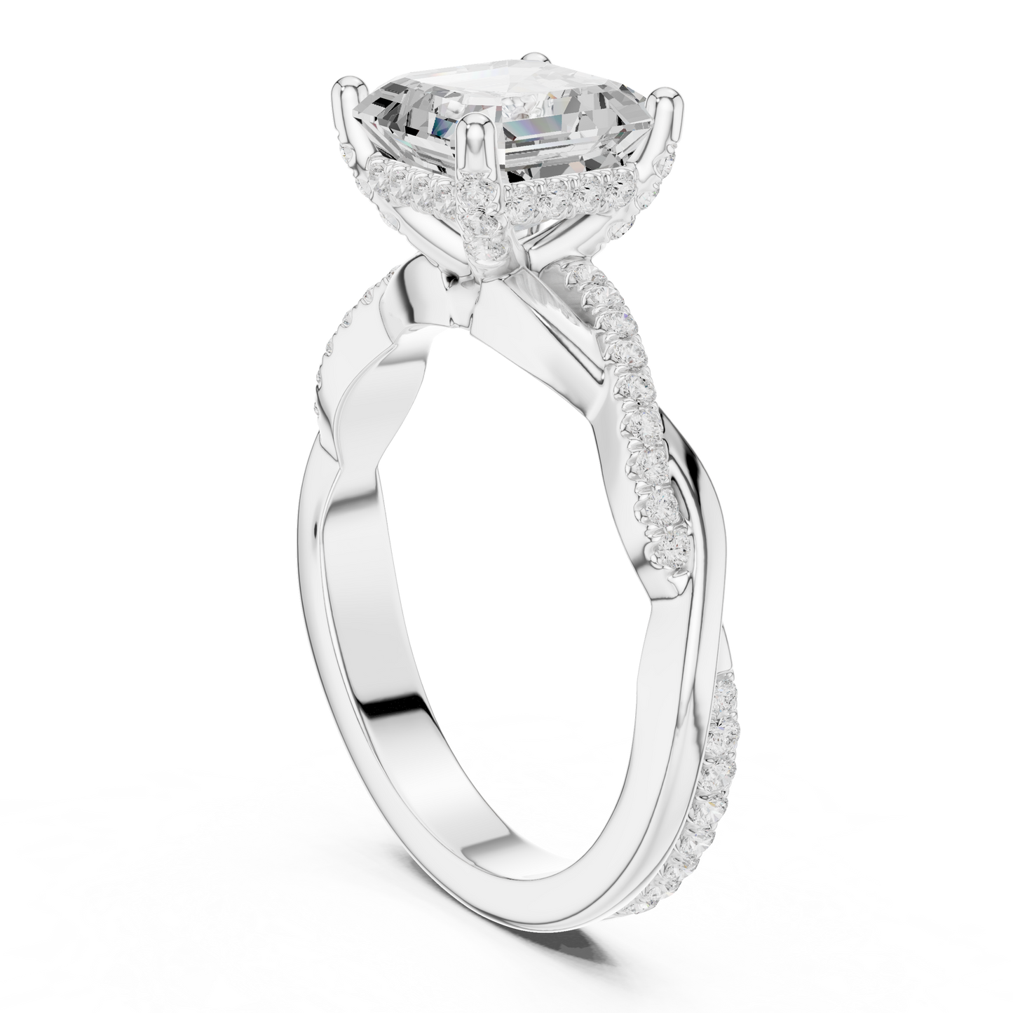 2.33ctw Asscher-Cut Pavé Diamond Twisted Infinity Ring | Yellow Gold Solitaire