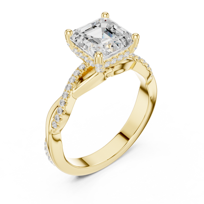 2.33ctw Asscher-Cut Pavé Diamond Twisted Infinity Ring | Yellow Gold Solitaire