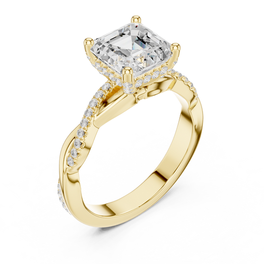 2.33ctw Asscher-Cut Pavé Diamond Twisted Infinity Ring | Yellow Gold Solitaire