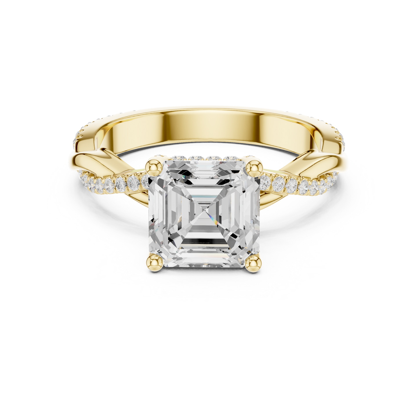 2.33ctw Asscher-Cut Pavé Diamond Twisted Infinity Ring | Yellow Gold Solitaire