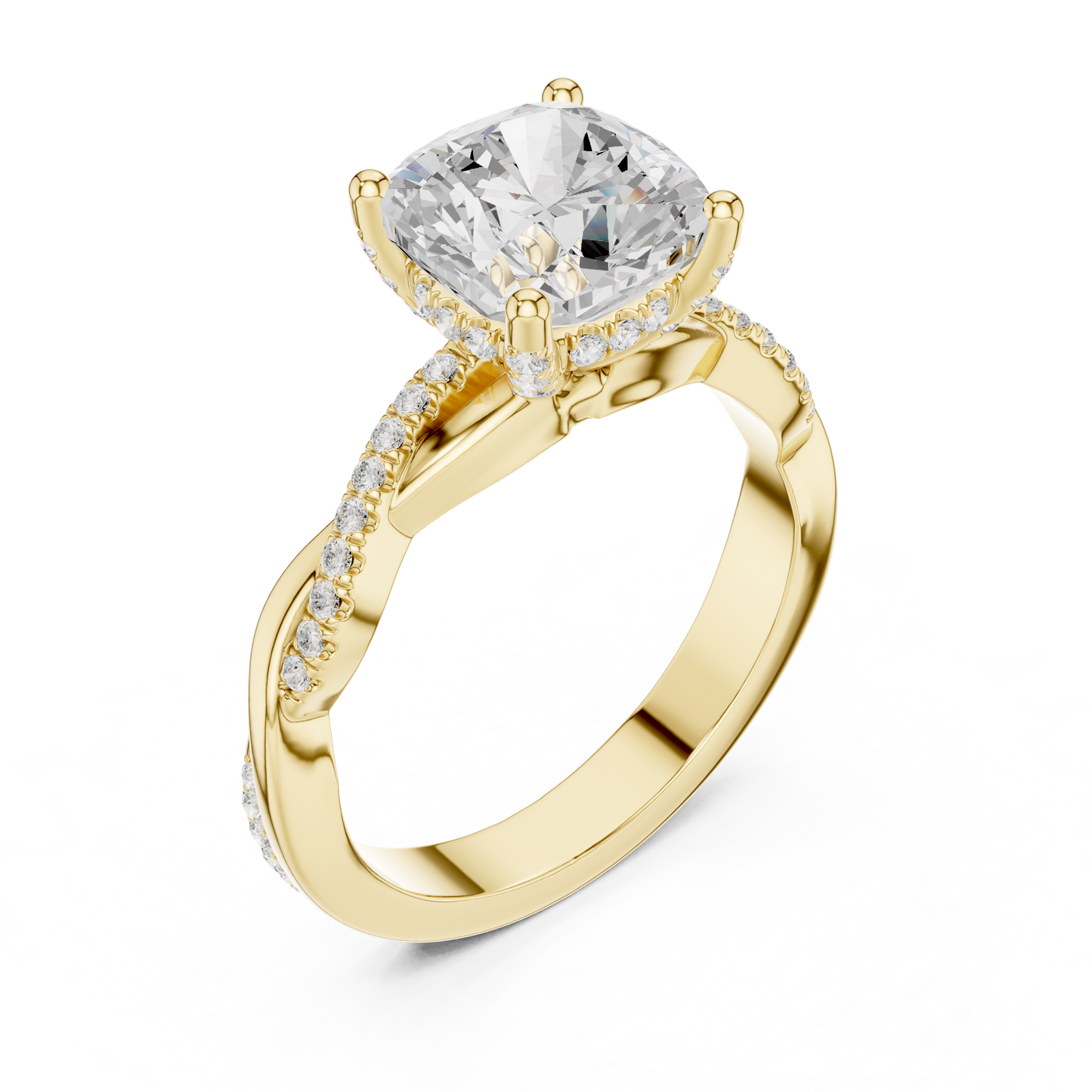 2.33ctw Cushion-Cut Pavé Diamond Twisted Infinity Ring | Yellow Gold Solitaire