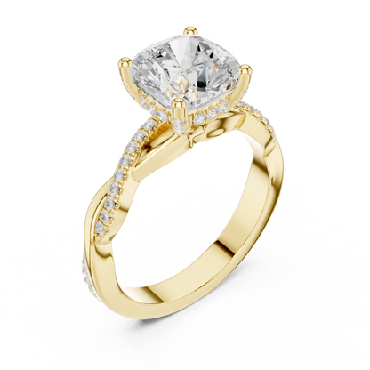 2.33ctw Cushion-Cut Pavé Diamond Twisted Infinity Ring | Yellow Gold Solitaire