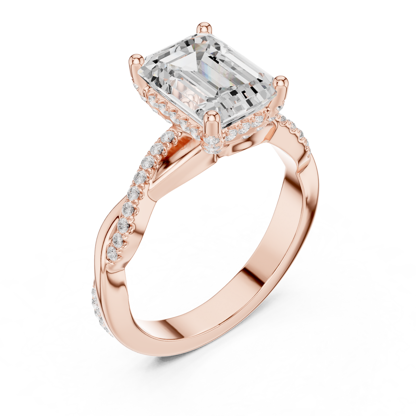 2.35ctw Emerald-Cut Pavé Diamond Twisted Infinity Ring | Yellow Gold Solitaire