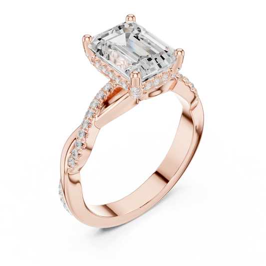 2.35ctw Emerald-Cut Pavé Diamond Twisted Infinity Ring | Yellow Gold Solitaire