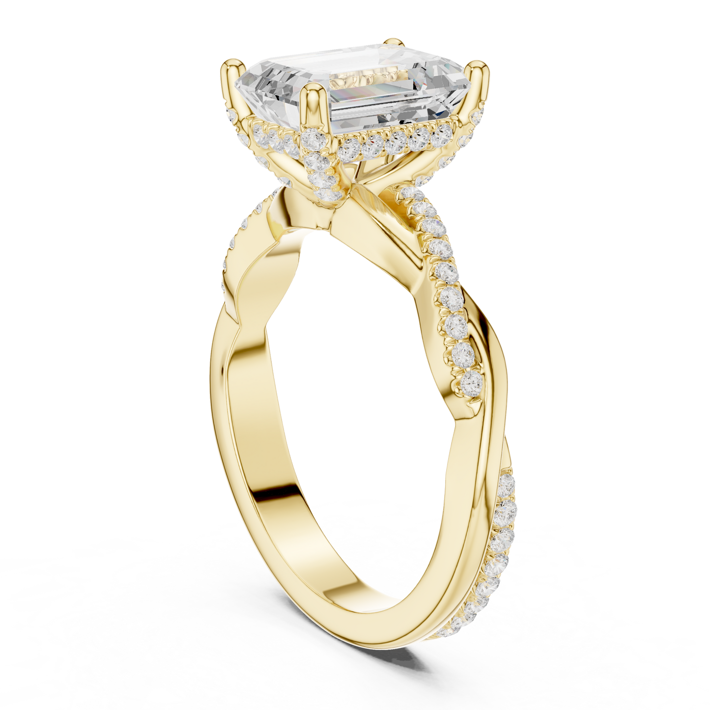 2.35ctw Emerald-Cut Pavé Diamond Twisted Infinity Ring | Yellow Gold Solitaire