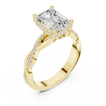 2.35ctw Emerald-Cut Pavé Diamond Twisted Infinity Ring | Yellow Gold Solitaire