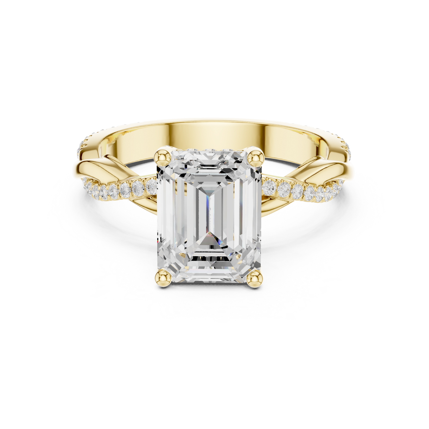 2.35ctw Emerald-Cut Pavé Diamond Twisted Infinity Ring | Yellow Gold Solitaire