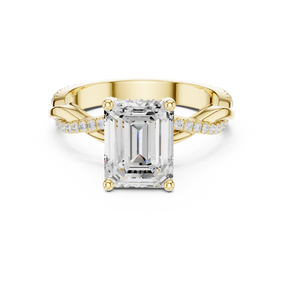 2.35ctw Emerald-Cut Pavé Diamond Twisted Infinity Ring | Yellow Gold Solitaire