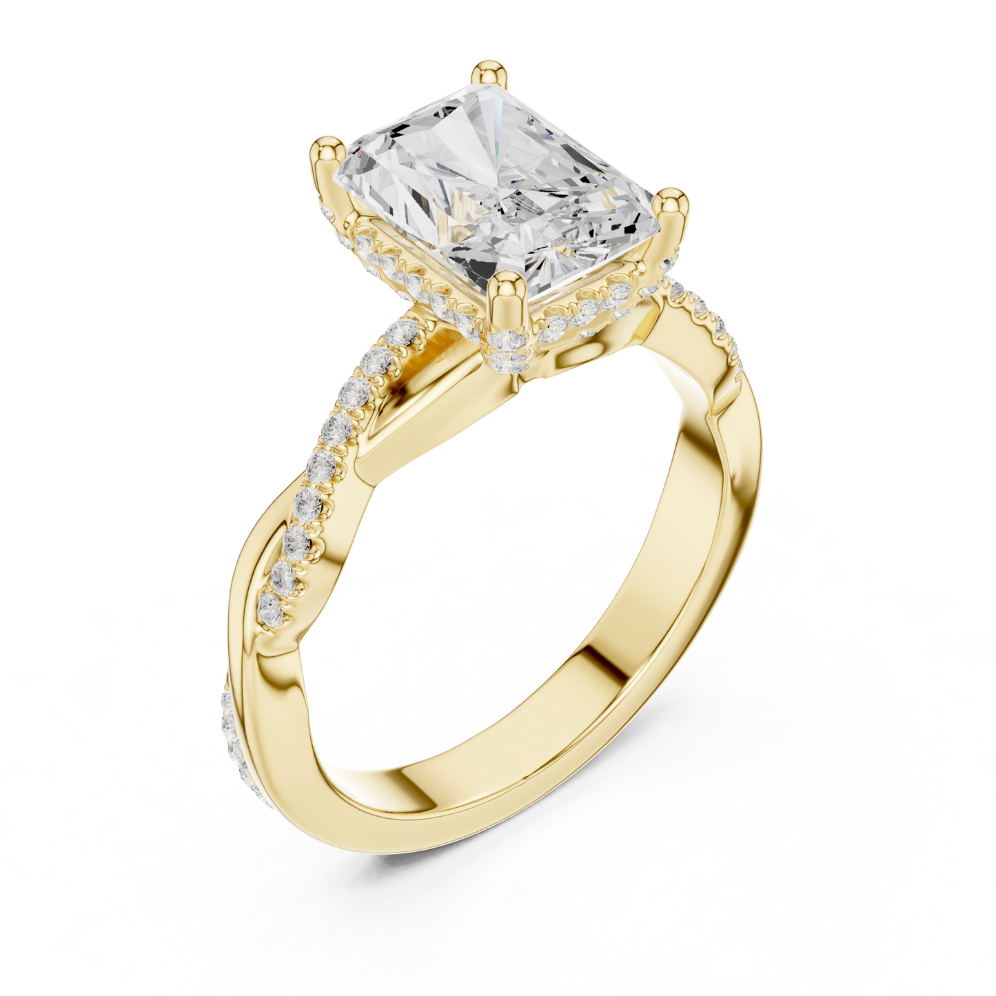 2.35ctw Radiant-Cut Pavé Diamond Twisted Infinity Ring | Yellow Gold Solitaire