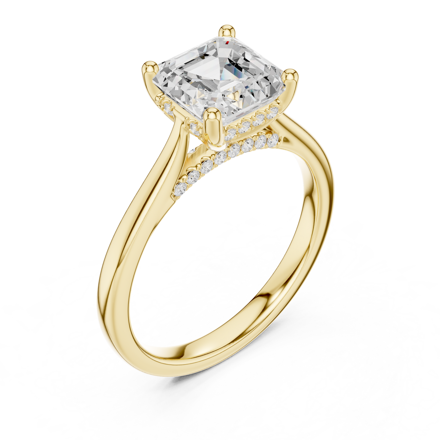 2.14ctw Asschar Cut Diamond Pave Solitaire Hidden Halo Ring | Yellow Gold