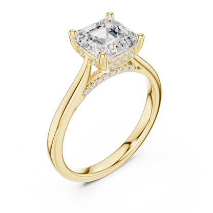 2.14ctw Asschar Cut Diamond Pave Solitaire Hidden Halo Ring | Yellow Gold