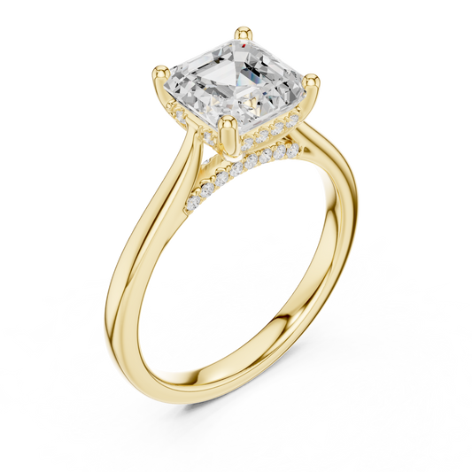 2.14ctw Asschar Cut Diamond Pave Solitaire Hidden Halo Ring | Yellow Gold