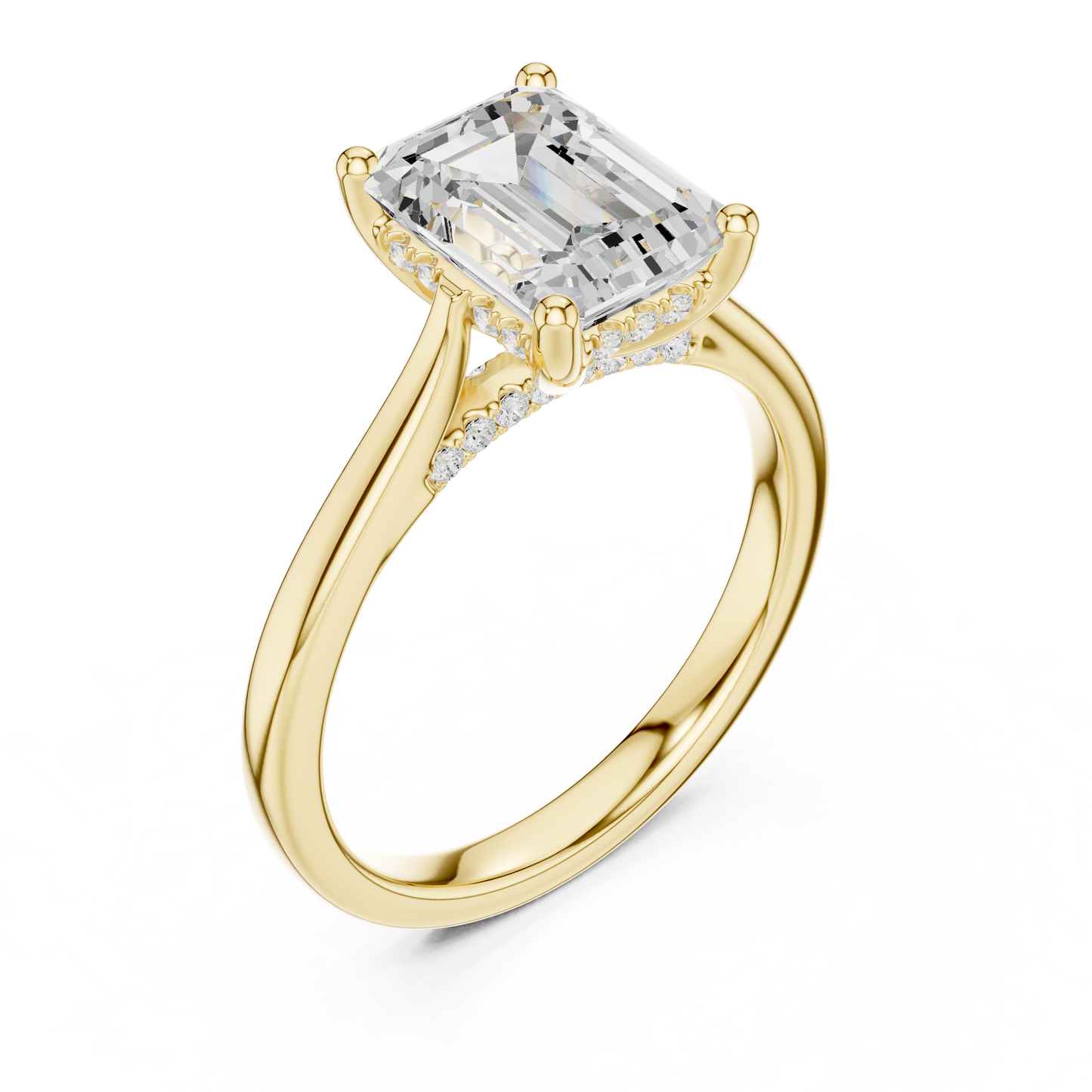 2.15ctw Emerald Cut Diamond Pave Solitaire Hidden Halo Ring | Yellow Gold
