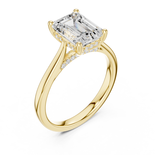 2.15ctw Emerald Cut Diamond Pave Solitaire Hidden Halo Ring | Yellow Gold