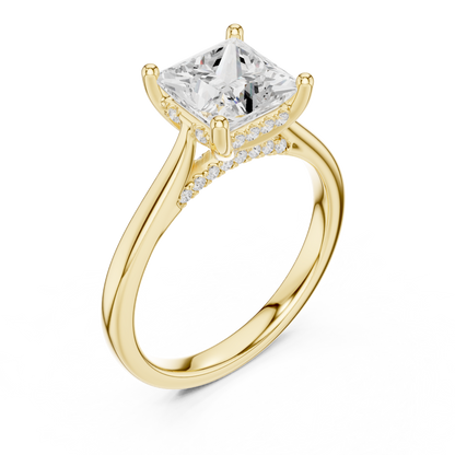 2.14ctw Princess Cut Diamond Pave Solitaire Hidden Halo Ring | Yellow Gold