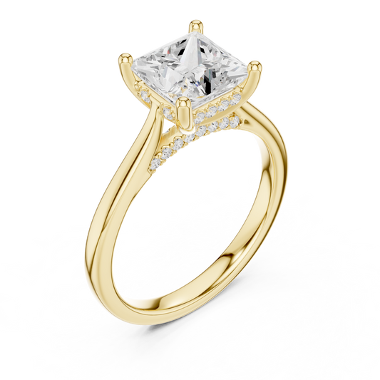 2.14ctw Princess Cut Diamond Pave Solitaire Hidden Halo Ring | Yellow Gold