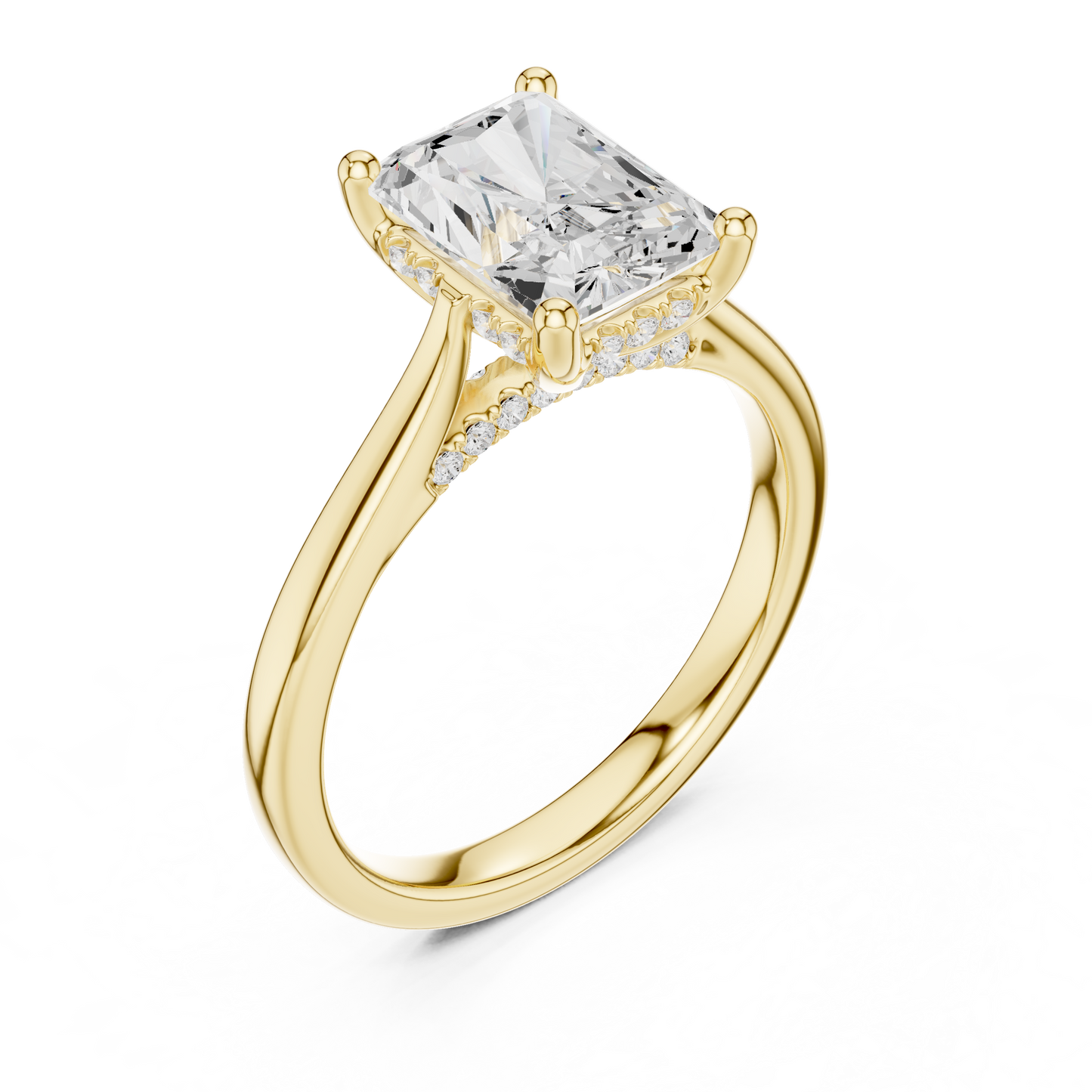 2.15ctw Radiant Cut Diamond Pave Solitaire Hidden Halo Ring | Yellow Gold