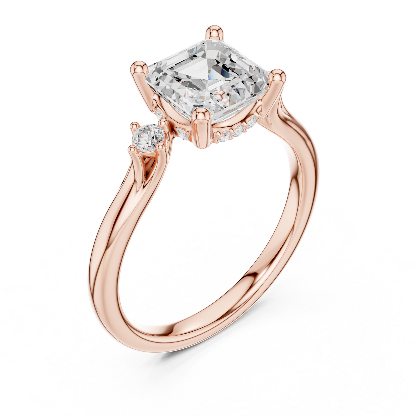2.16ctw Asscher Cut Three-Stone Ring with Hidden Halo | Yellow Gold