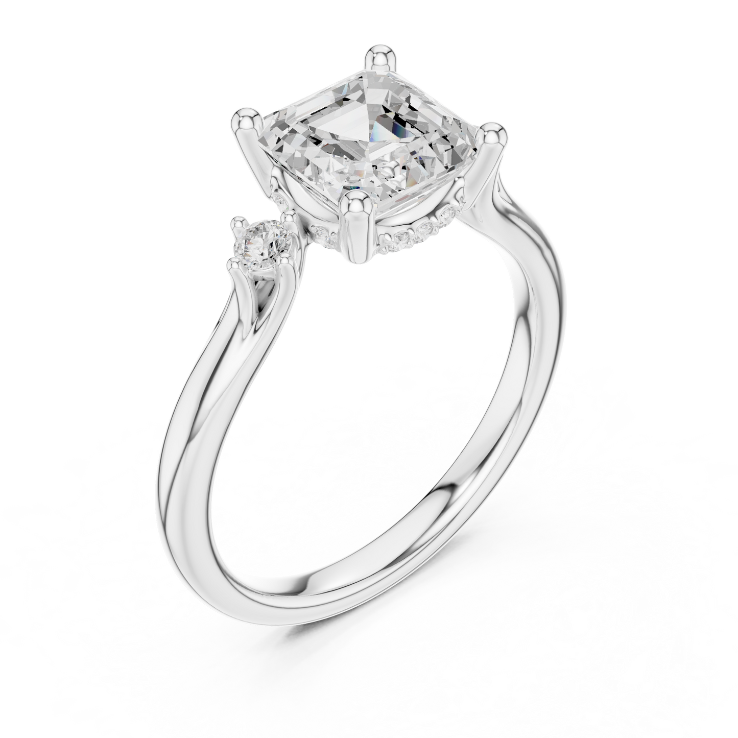 2.16ctw Asscher Cut Three-Stone Ring with Hidden Halo | Yellow Gold