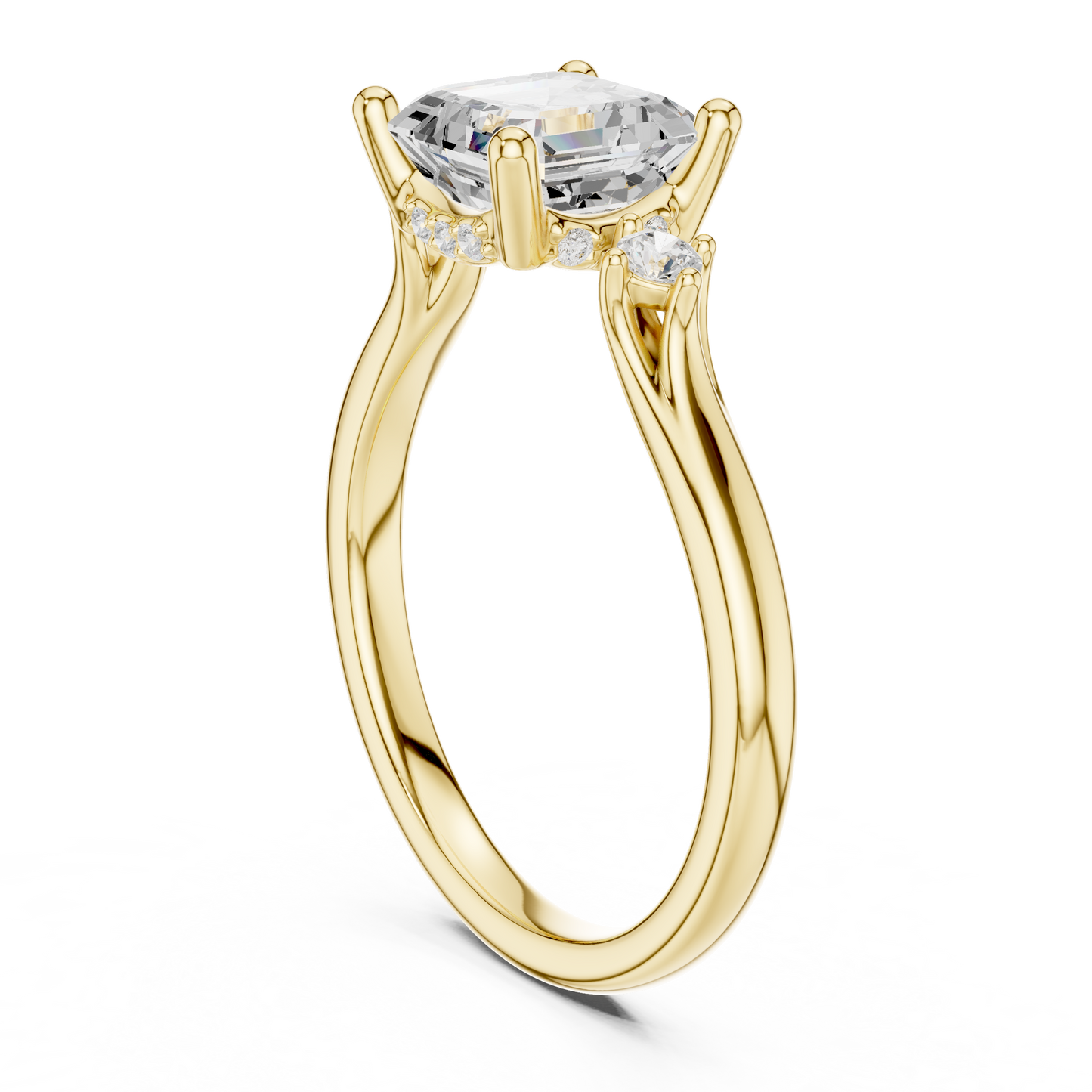 2.16ctw Asscher Cut Three-Stone Ring with Hidden Halo | Yellow Gold