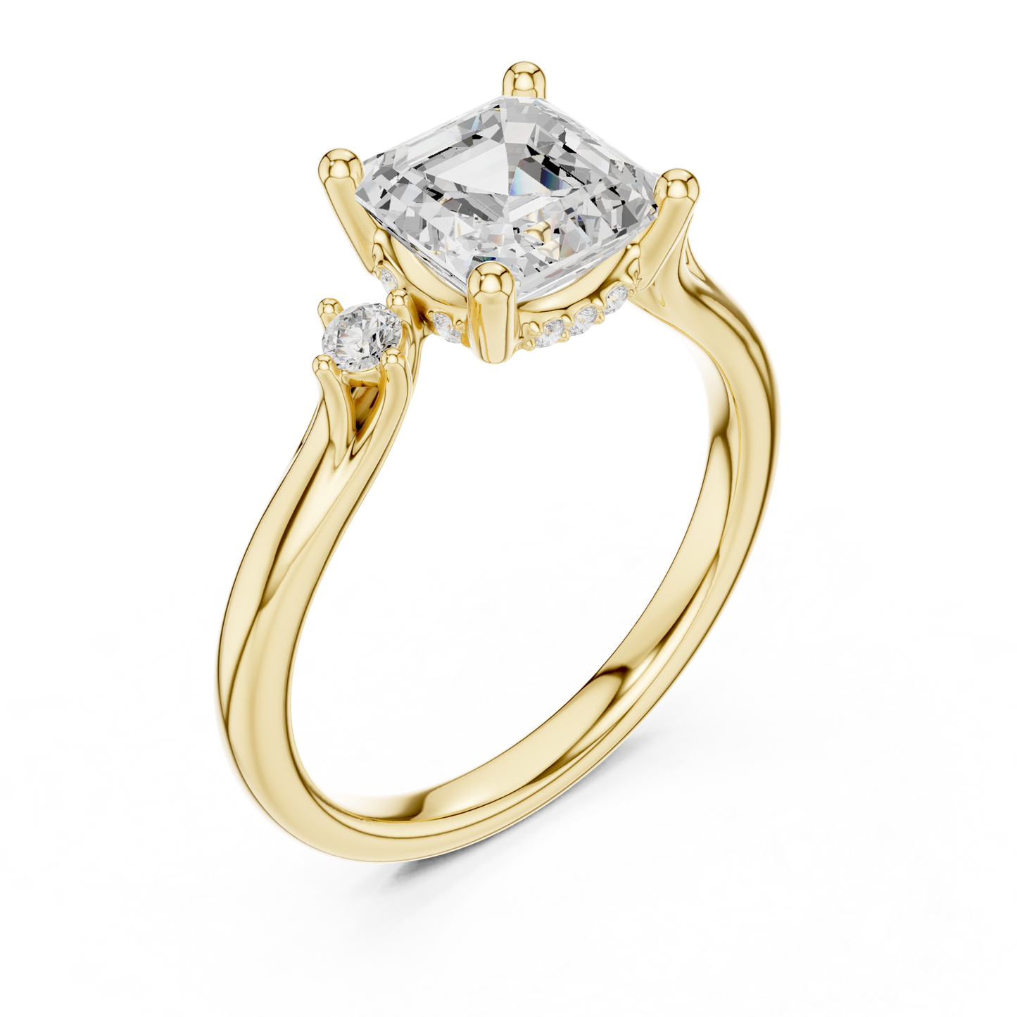 2.16ctw Asscher Cut Three-Stone Ring with Hidden Halo | Yellow Gold