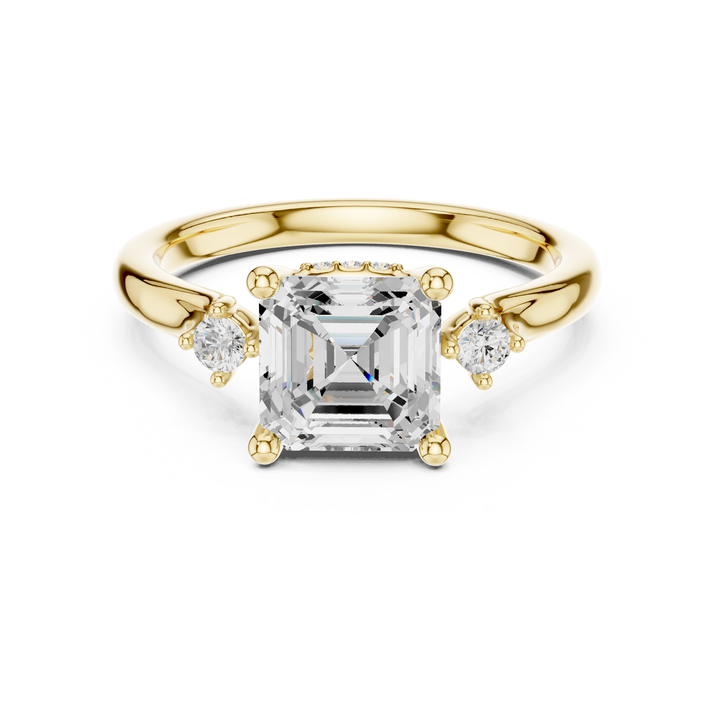 2.16ctw Asscher Cut Three-Stone Ring with Hidden Halo | Yellow Gold