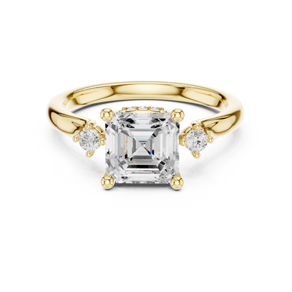 2.16ctw Asscher Cut Three-Stone Ring with Hidden Halo | Yellow Gold