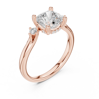 2.16ctw Cushion Cut Three-Stone Ring with Hidden Halo | Yellow Gold