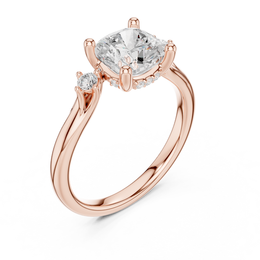 2.16ctw Cushion Cut Three-Stone Ring with Hidden Halo | Yellow Gold