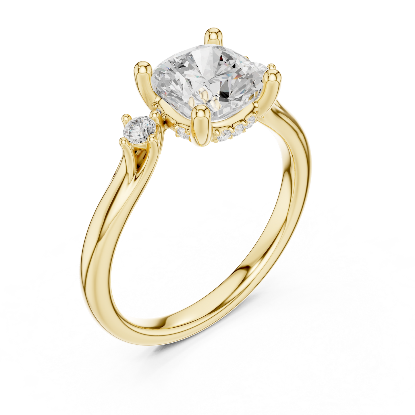 2.16ctw Cushion Cut Three-Stone Ring with Hidden Halo | Yellow Gold