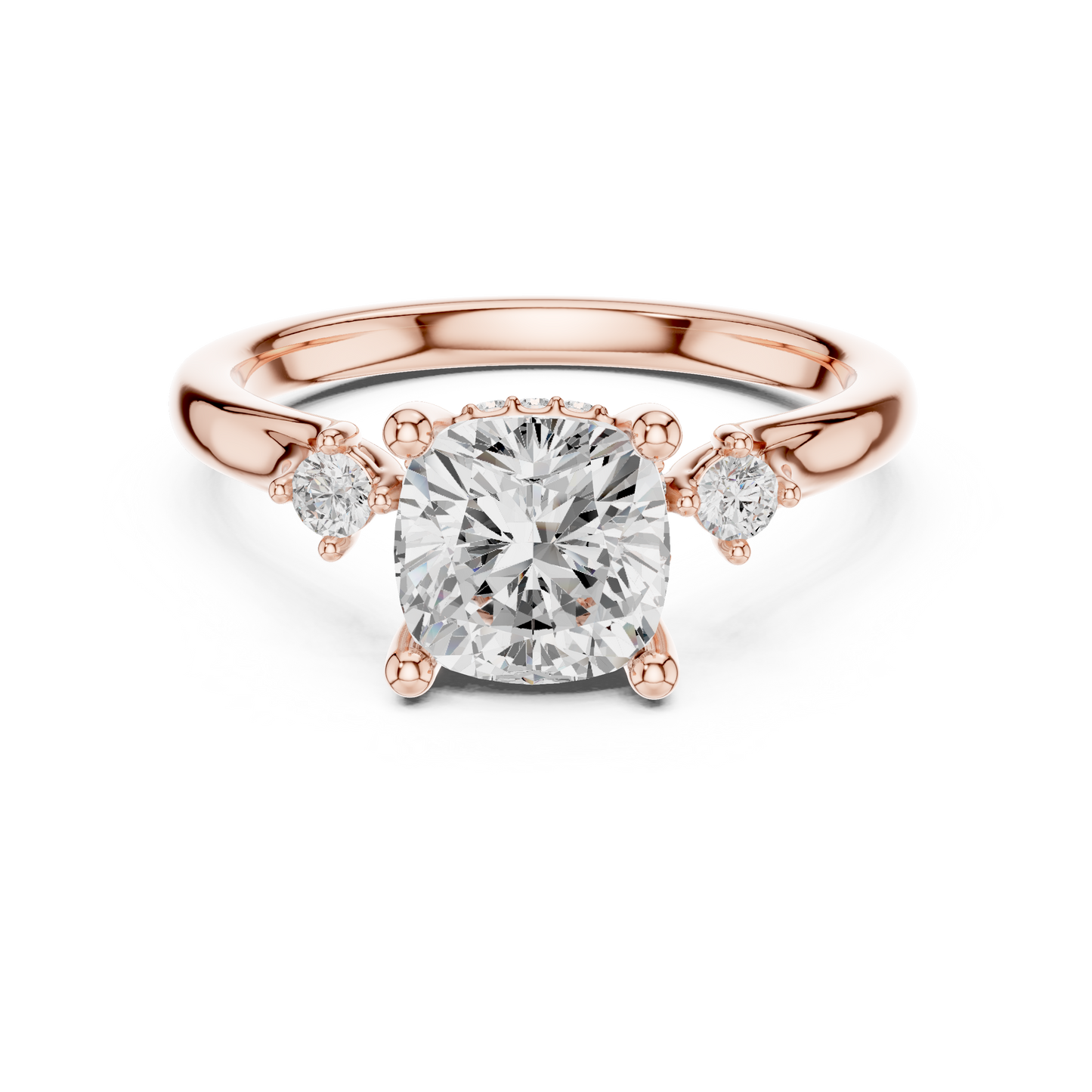 2.16ctw Cushion Cut Three-Stone Ring with Hidden Halo | Yellow Gold
