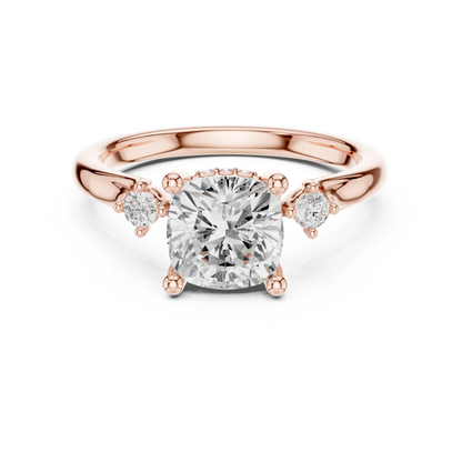 2.16ctw Cushion Cut Three-Stone Ring with Hidden Halo | Yellow Gold