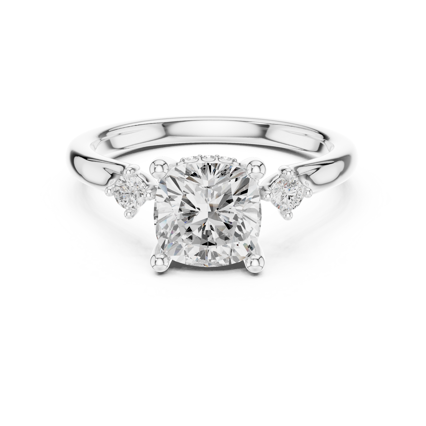 2.16ctw Cushion Cut Three-Stone Ring with Hidden Halo | Yellow Gold