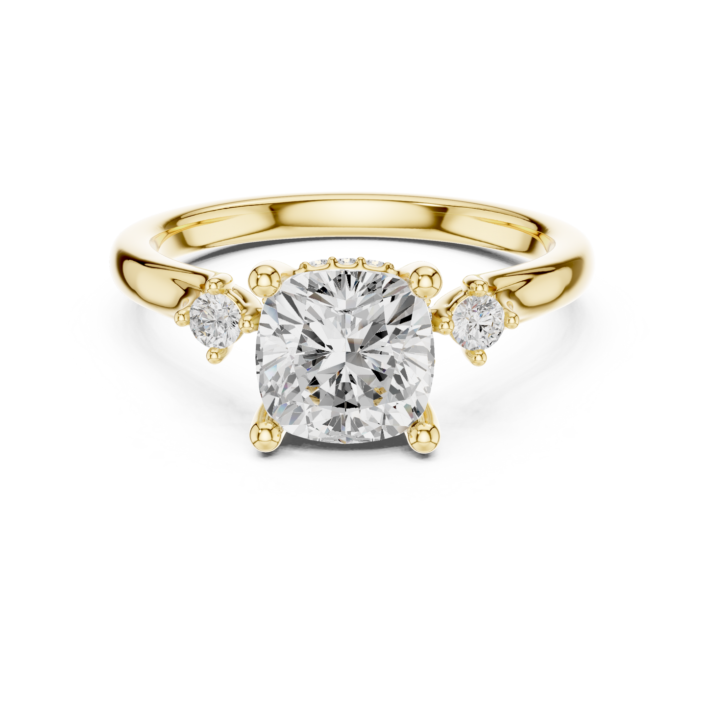 2.16ctw Cushion Cut Three-Stone Ring with Hidden Halo | Yellow Gold