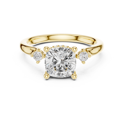 2.16ctw Cushion Cut Three-Stone Ring with Hidden Halo | Yellow Gold