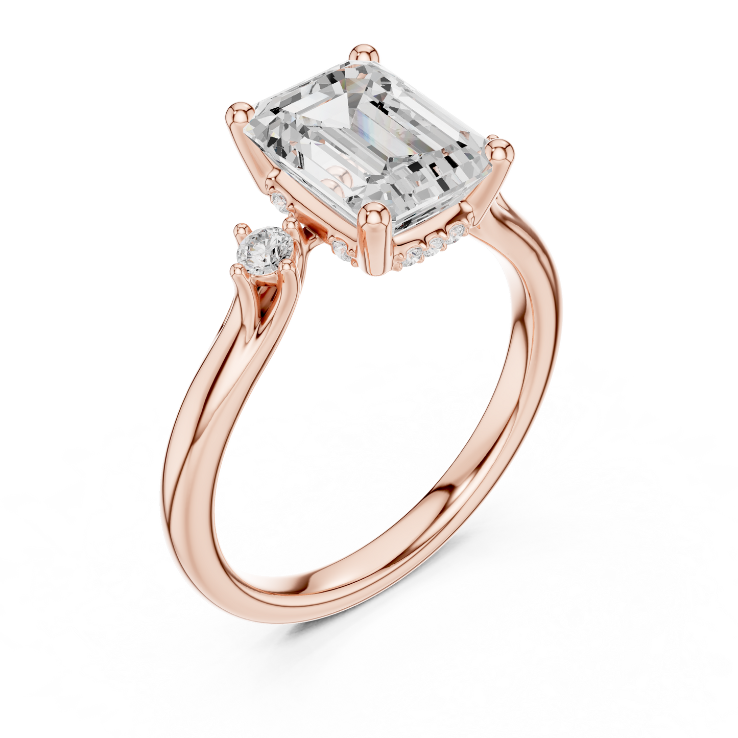 2.16ctw Emerald Cut Three-Stone Ring with Hidden Halo | Yellow Gold