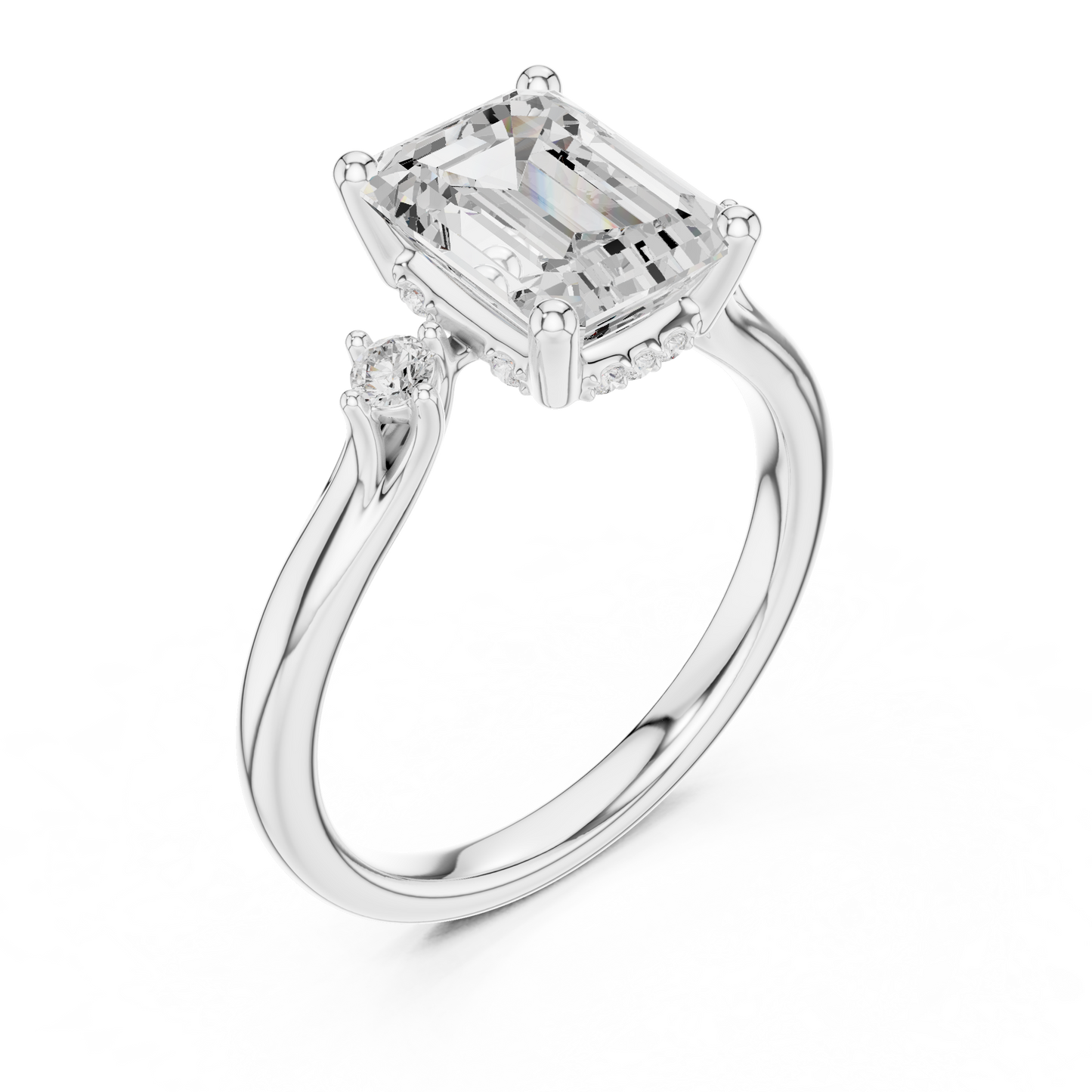 2.16ctw Emerald Cut Three-Stone Ring with Hidden Halo | Yellow Gold