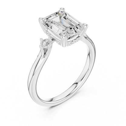 2.16ctw Emerald Cut Three-Stone Ring with Hidden Halo | Yellow Gold