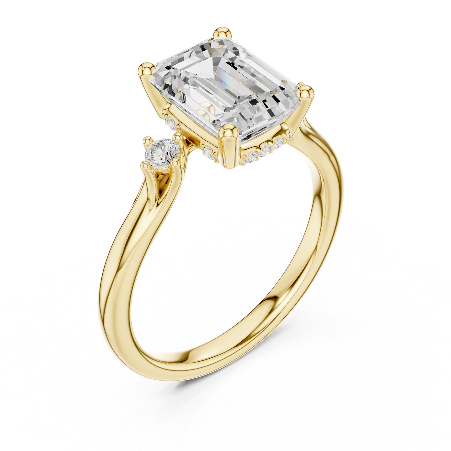 2.16ctw Emerald Cut Three-Stone Ring with Hidden Halo | Yellow Gold