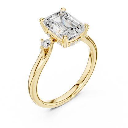 2.16ctw Emerald Cut Three-Stone Ring with Hidden Halo | Yellow Gold