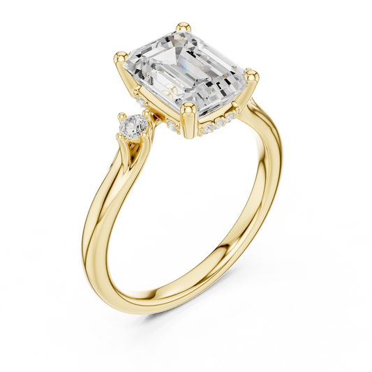 2.16ctw Emerald Cut Three-Stone Ring with Hidden Halo | Yellow Gold
